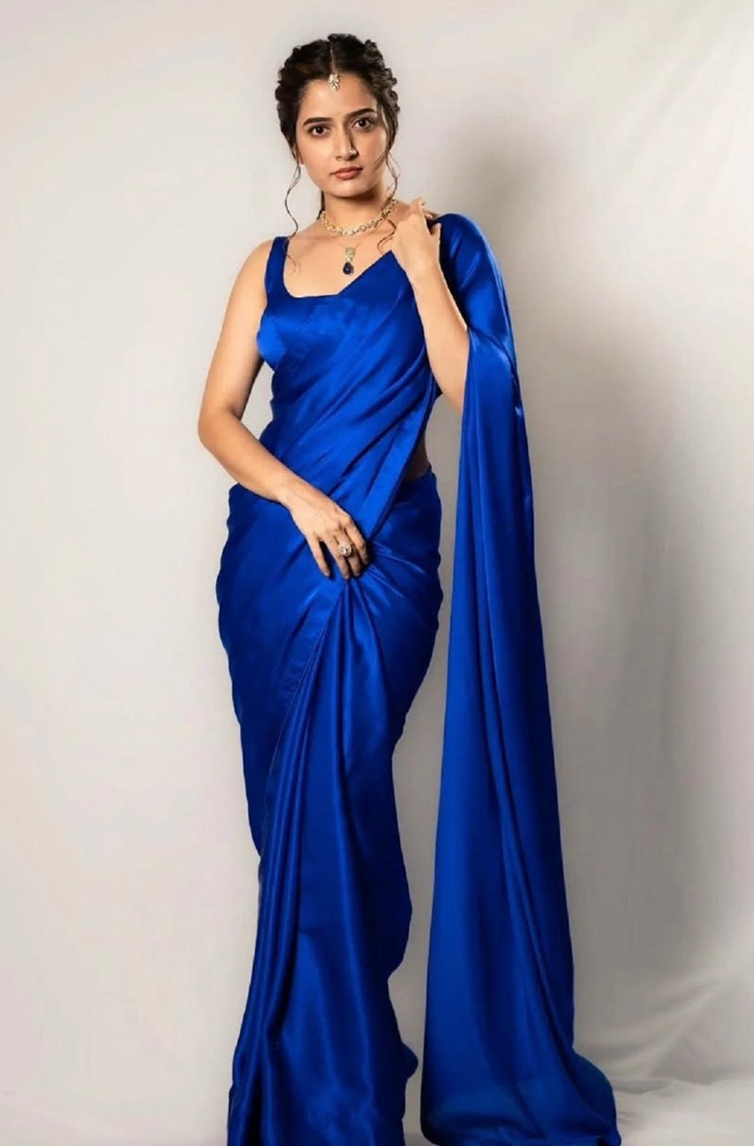 Stunner 1-Minute Ready To Wear Navy Blue Satin Silk Saree