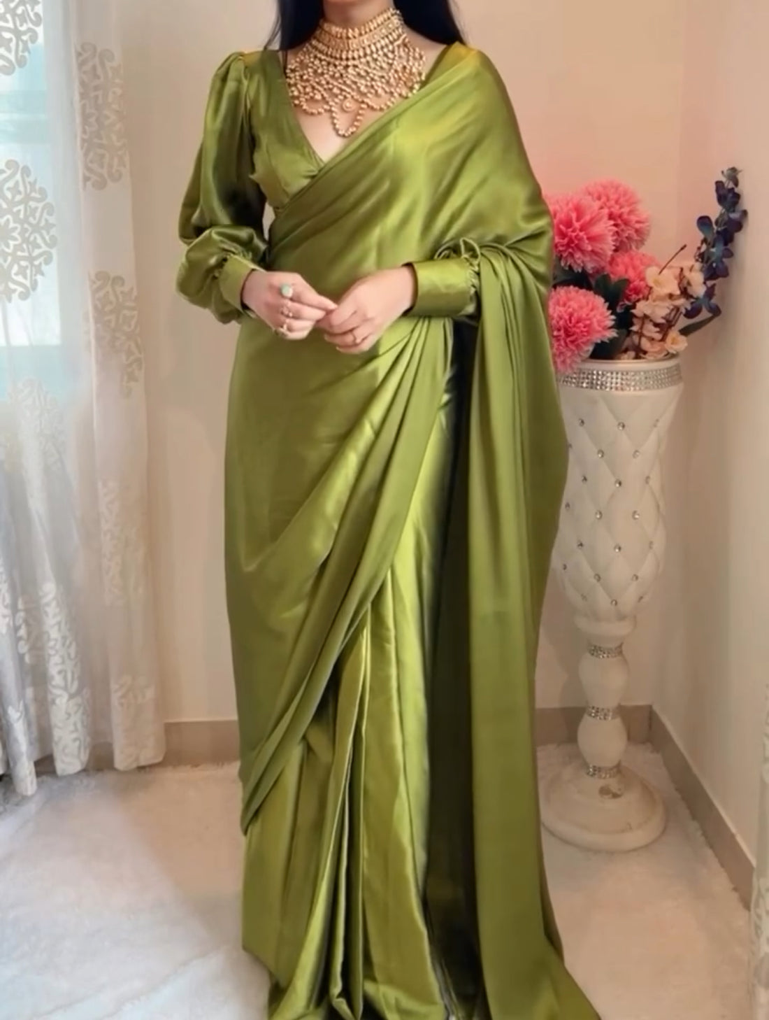 Mehndi green satin saree